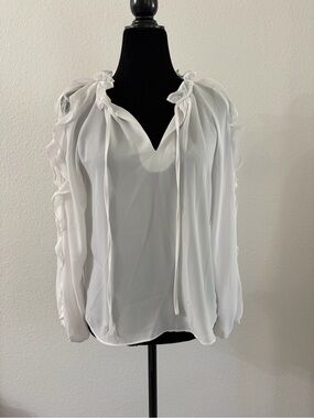 1. State White Ruffle Tie-Neck Blouse